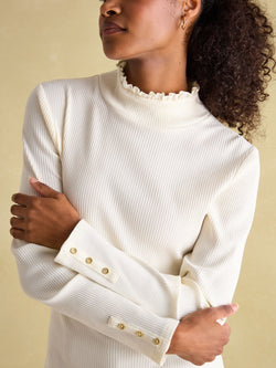 Joules Amy Ribbed Long Sleeve High Neck Jersey Top - Cream - Lucks of Louth