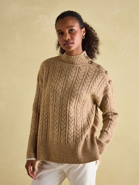 Joules Betsy Button Shoulder Cable Jumper - Camel - Lucks of Louth