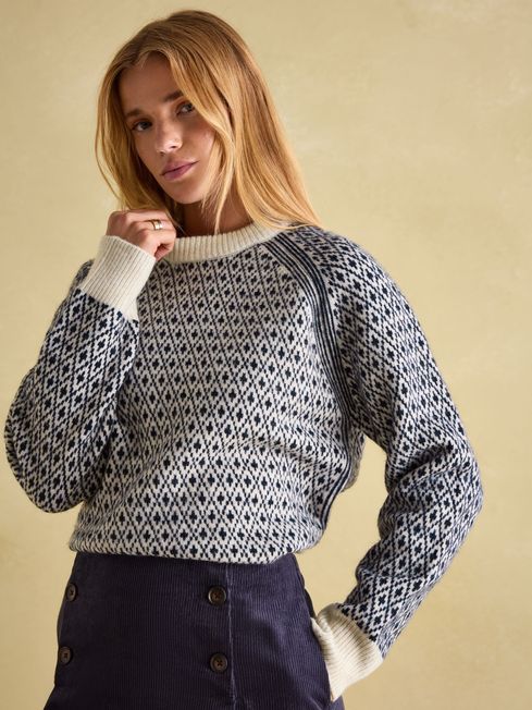 Joules Ingrid Patterned Jumper with Detachable Roll Neck - Cream/Navy - Lucks of Louth