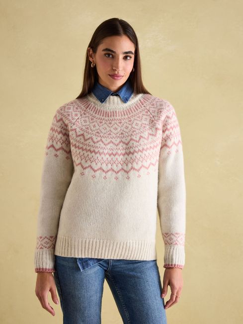 Joules Charlotte Crew Neck Fair Isle Jumper - Cream/Pink - Lucks of Louth