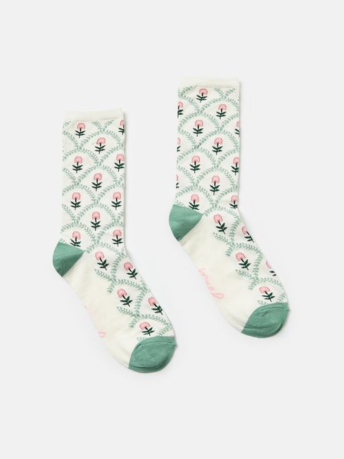 Womens Joules Floral Excellent Everyday Single Ankle Socks - Cream/Pink - Lucks of Louth