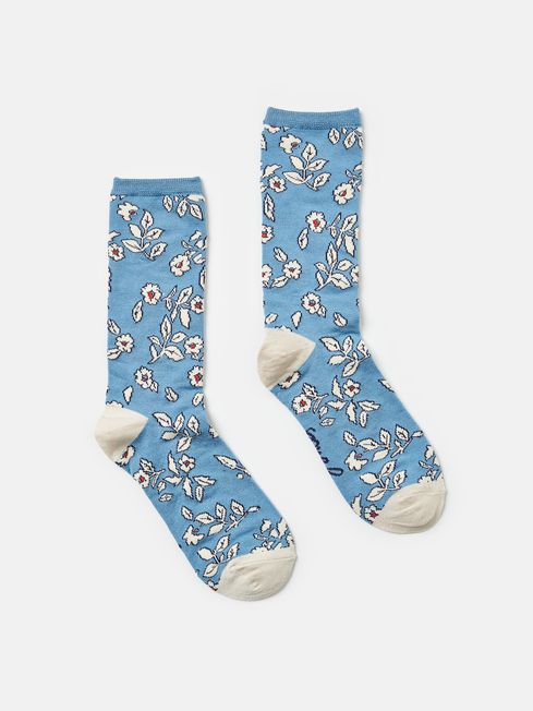 Womens Joules Floral Excellent Everyday Single Ankle Socks - Blue Floral - Lucks of Louth