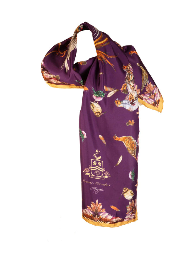 Clare Haggas Classic Scarf Grouse Misconduct - Aubergine & Gold - Lucks of Louth