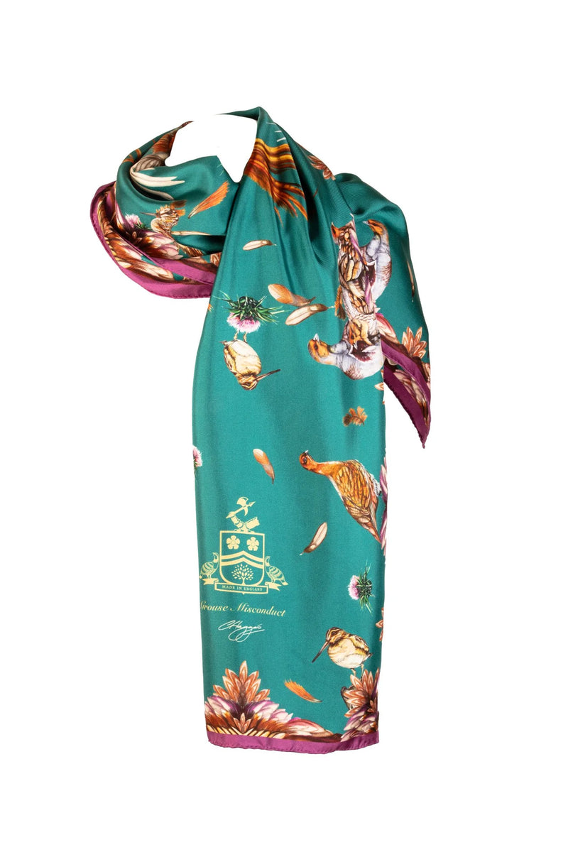 Clare Haggas Grouse MIsconduct Classic Silk Scarf - Teal Aubergine - Lucks of Louth