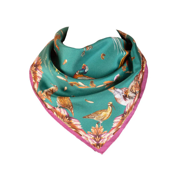 Clare Haggas Grouse Misconduct Medium Square Silk Scarf - Teal & Aubergine - Lucks of Louth