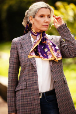 Clare Haggas Narrow Scarf Grouse Misconduct - Aubergine & Gold - Lucks of Louth