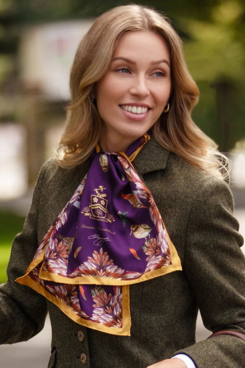 Clare Haggas Narrow Scarf Grouse Misconduct - Aubergine & Gold - Lucks of Louth