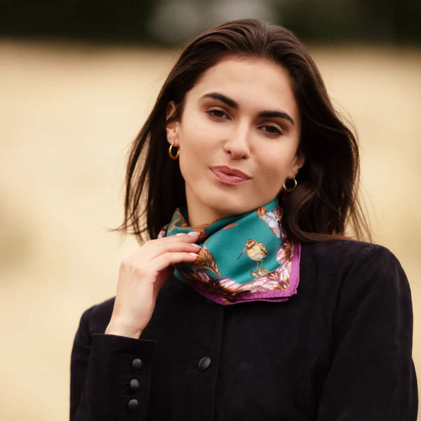 Clare Haggas Grouse Misconduct Medium Square Silk Scarf - Teal & Aubergine - Lucks of Louth