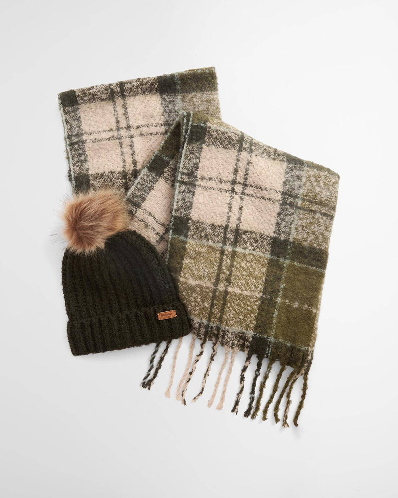 Barbour Saltburn Beanie & Tartan Scarf Gift Set - Ancient Loden/Dark Green - Lucks of Louth