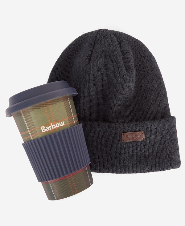 Barbour Travel Mug and Knitted Beanie Gift Set - Navy/Tartan - Lucks of Louth