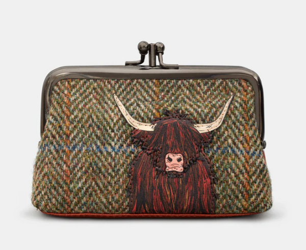 Yoshi Aubrey Leather Clip Top Frame Purse - Highland Cow Harris Tweed & Brown Leather - Lucks of Louth