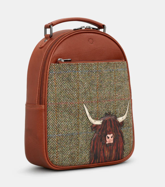 Yoshi Highland Cow Backpack - Harris Tweed & Brown Leather - Lucks of Louth