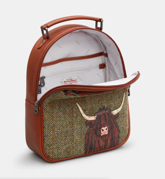 Yoshi Highland Cow Backpack - Harris Tweed & Brown Leather - Lucks of Louth