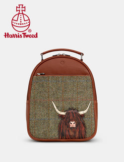 Yoshi Highland Cow Backpack - Harris Tweed & Brown Leather - Lucks of Louth