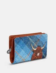 Yoshi Highland Cow Harris Tweed & Leather Oxford Purse - Blue - Lucks of Louth