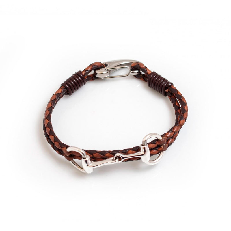 Hiho Silver Exclusive Equestrian Sterling Silver Snaffle Leather Bracelet - Tan & Dark Brown - Lucks of Louth