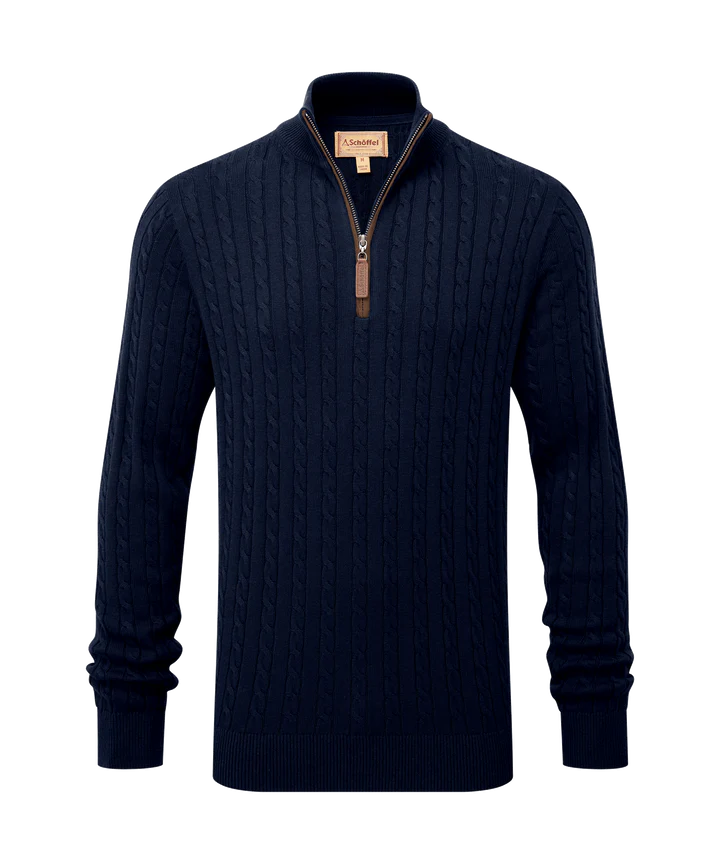 Schoffel Calton Cotton Cashmere Cable Quarter Zip Jumper - Navy - Lucks of Louth