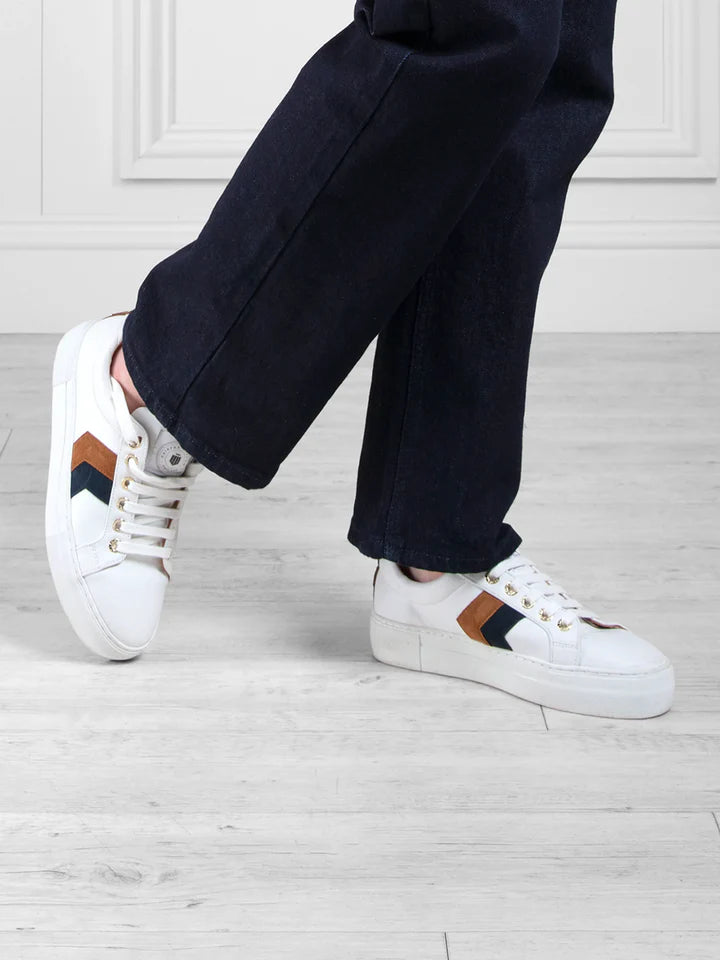 Fairfax & Favor Platform Alexandra Trainer - White Leather With Tan/Navy - Lucks of Louth