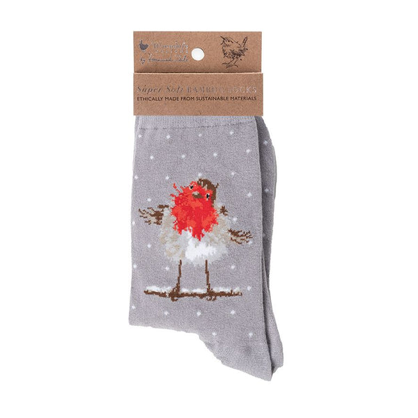 Wrendale Robin Christmas Socks - Jolly Robin Grey - Lucks of Louth