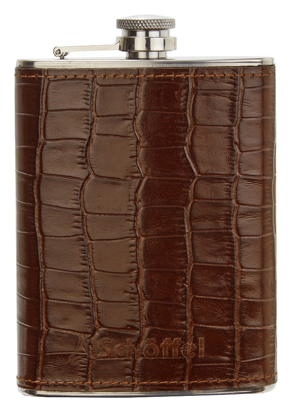Schoffel Leather Stainless Steel Hip Flask - Dark Brown - Lucks of Louth